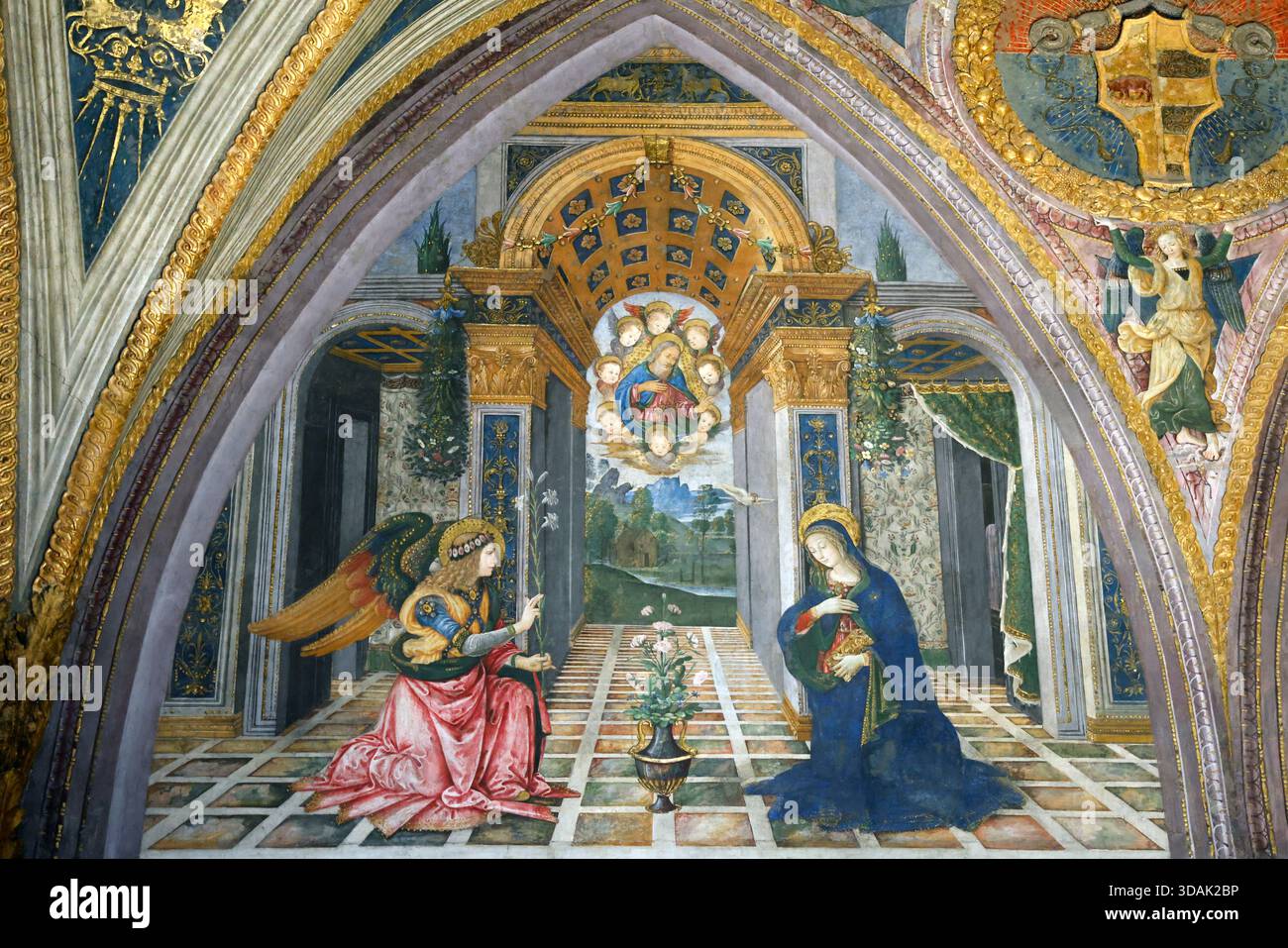 Vatikanische Museen. Der Raum der Mysterien. Fresko von Pintoricchio ( 1452–1513 ) Verkündigungsszene mit Maria und Erzengel Gabriel. Stockfoto