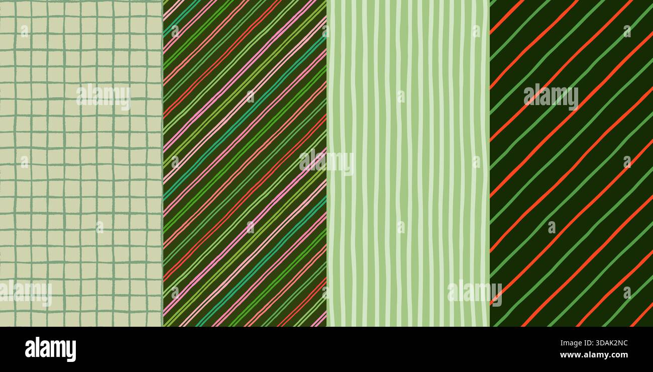 Roter und grüner nahtloser Vektorsatz, diagonale und vertikale Streifen und Check-Hintergrund für Weihnachtsdesigns Stock Vektor