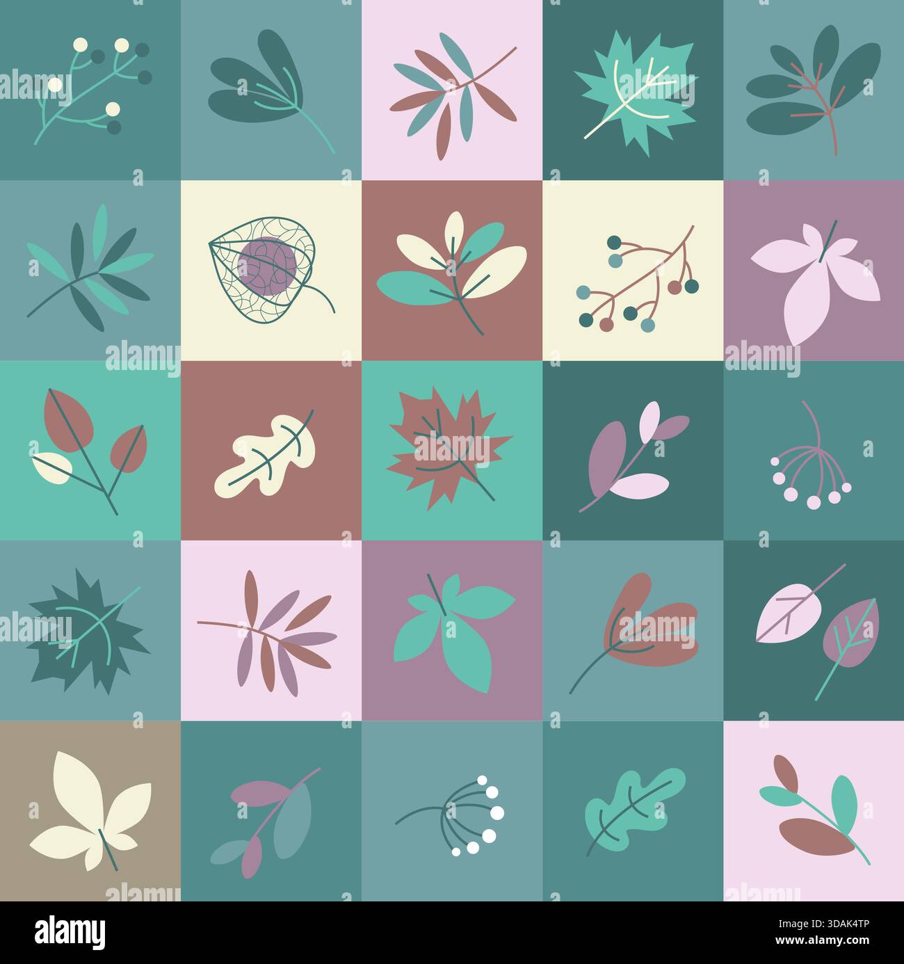 Elegantes, nordisches Herbstmosaikmuster mit Vintage-blauen Farben – nahtloses Design mit flachem Vektor Stock Vektor