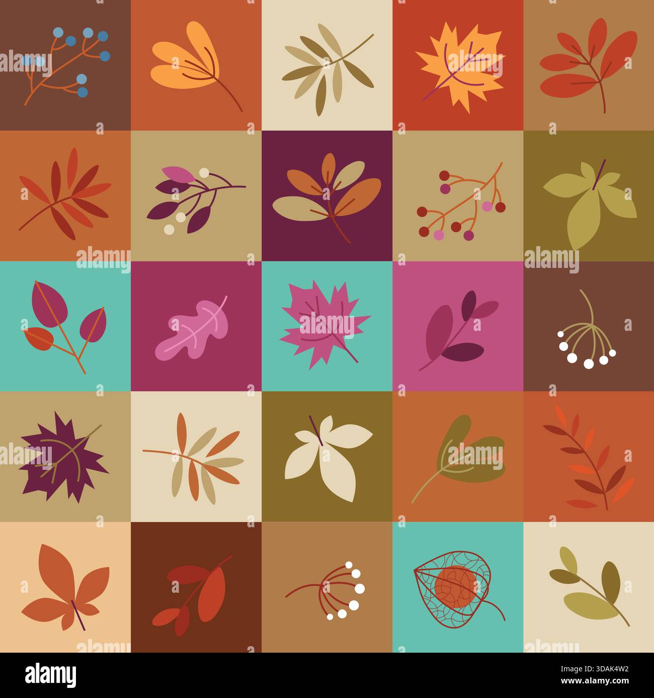 Elegantes, warmes Herbstmosaikmuster mit hellen Tiffany-Türkis-Farben – nahtloses Design mit flachem Vektor Stock Vektor