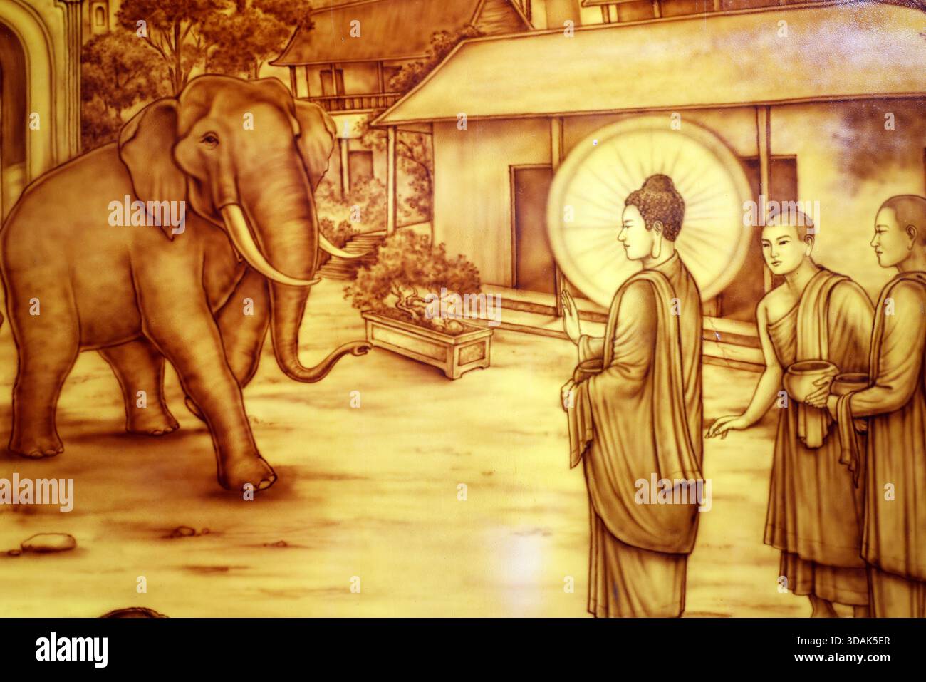 Truc Lam Chanh Giac Zen Kloster. Das Leben des Buddha. Den wütenden Elefanten zähmen. Cai Lay. Vietnam. Stockfoto