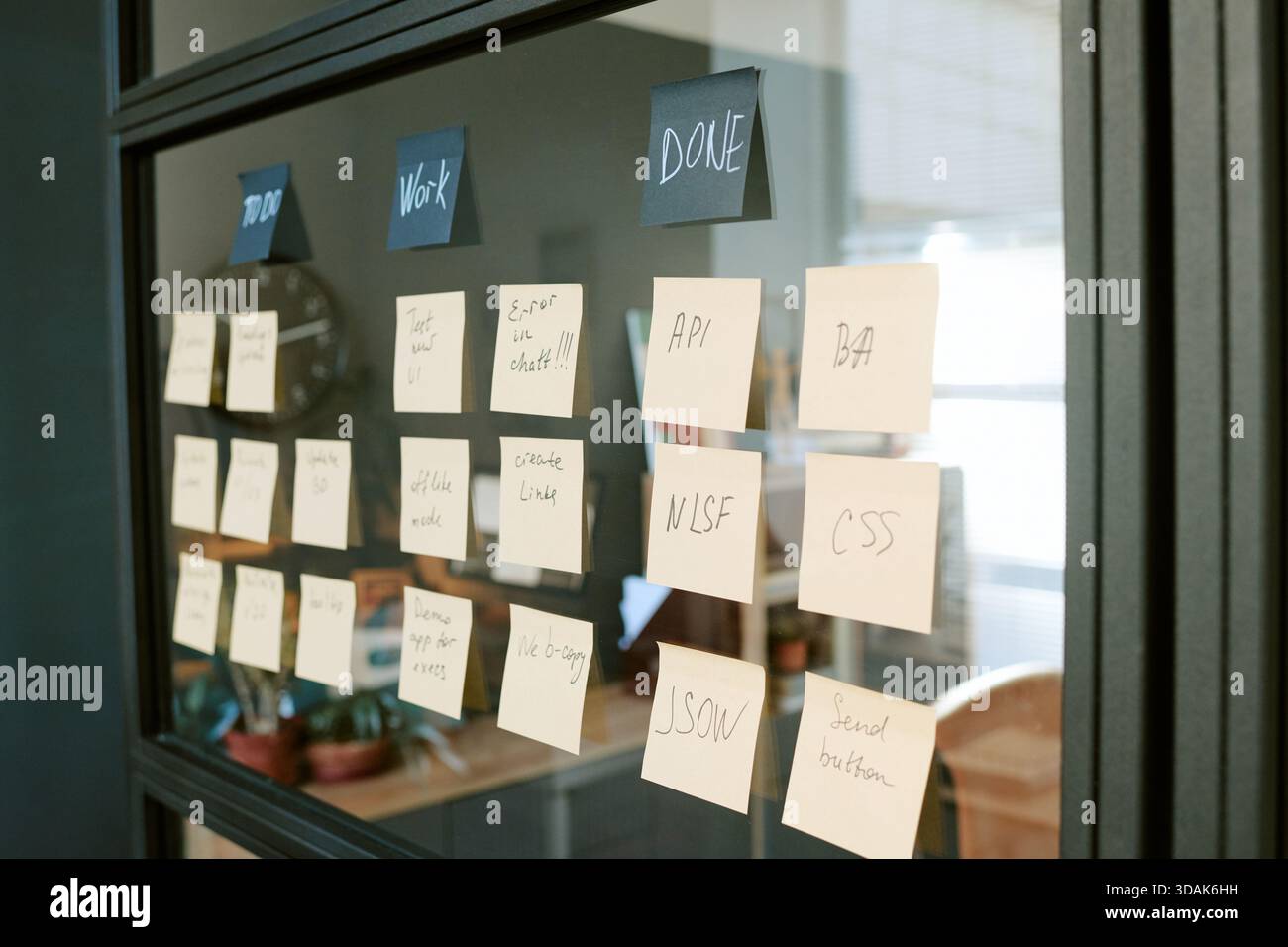 Agile Project Management Board zeigt Aufgabenverteilung und Workflow-Phasen an Stockfoto