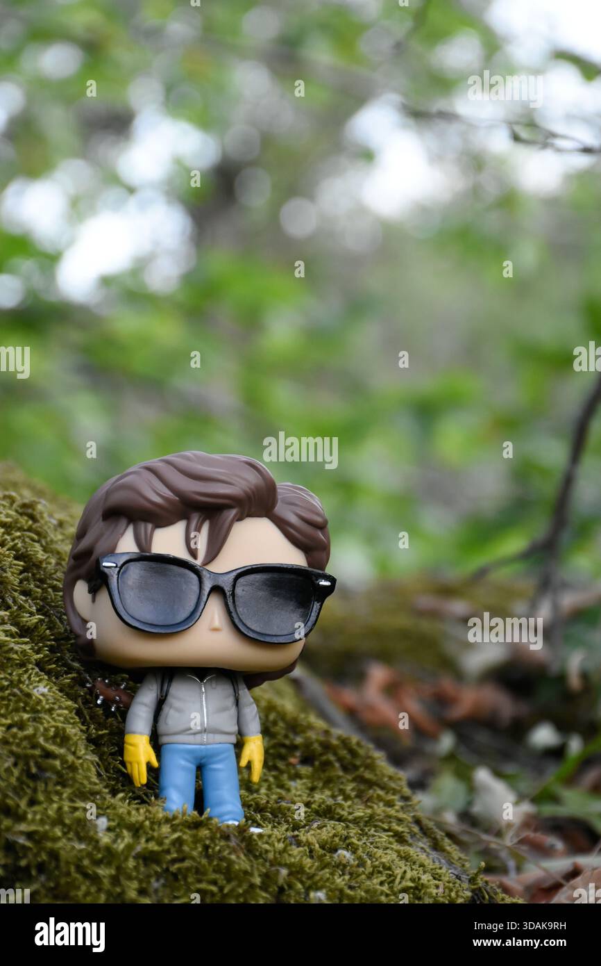 Funko Pop Actionfigur von Steve aus der Science-Fiction-Horror-TV-Serie Stranger Things. Felsen bedeckt mit dickem grünem Moos, Wald. Stockfoto
