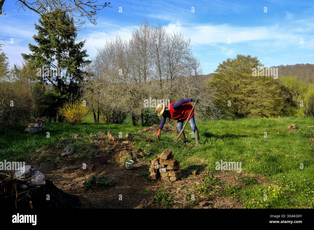 Frau im Garten in Le Mesnil en Ouche, Eure, Frankreich Stockfoto