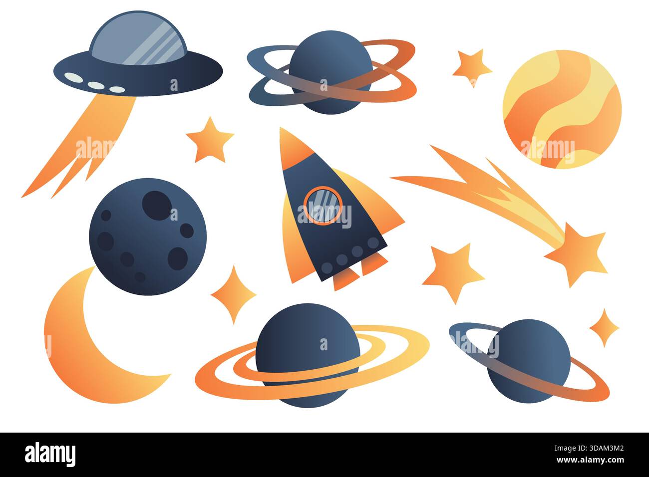 Niedliches Set aus Space Clips: Planeten, Sterne und Raumschiff. Handgezeichnete Abbildung. Szenengenerator, Elementsammlung. Flaches Design. Kinderkonzept Stock Vektor