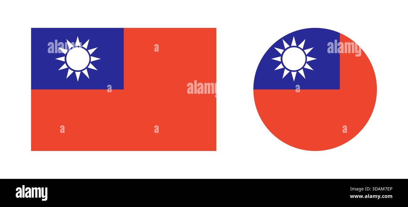 Taiwan Flaggenkreis, rechteckige Symbole gesetzt. Runde, rechteckige Abzeichen der Nationalflagge Taiwans. Kreisförmige Taste für Taiwan-Flagge. Staat in Asien. Patriotisches Zeichen Stock Vektor