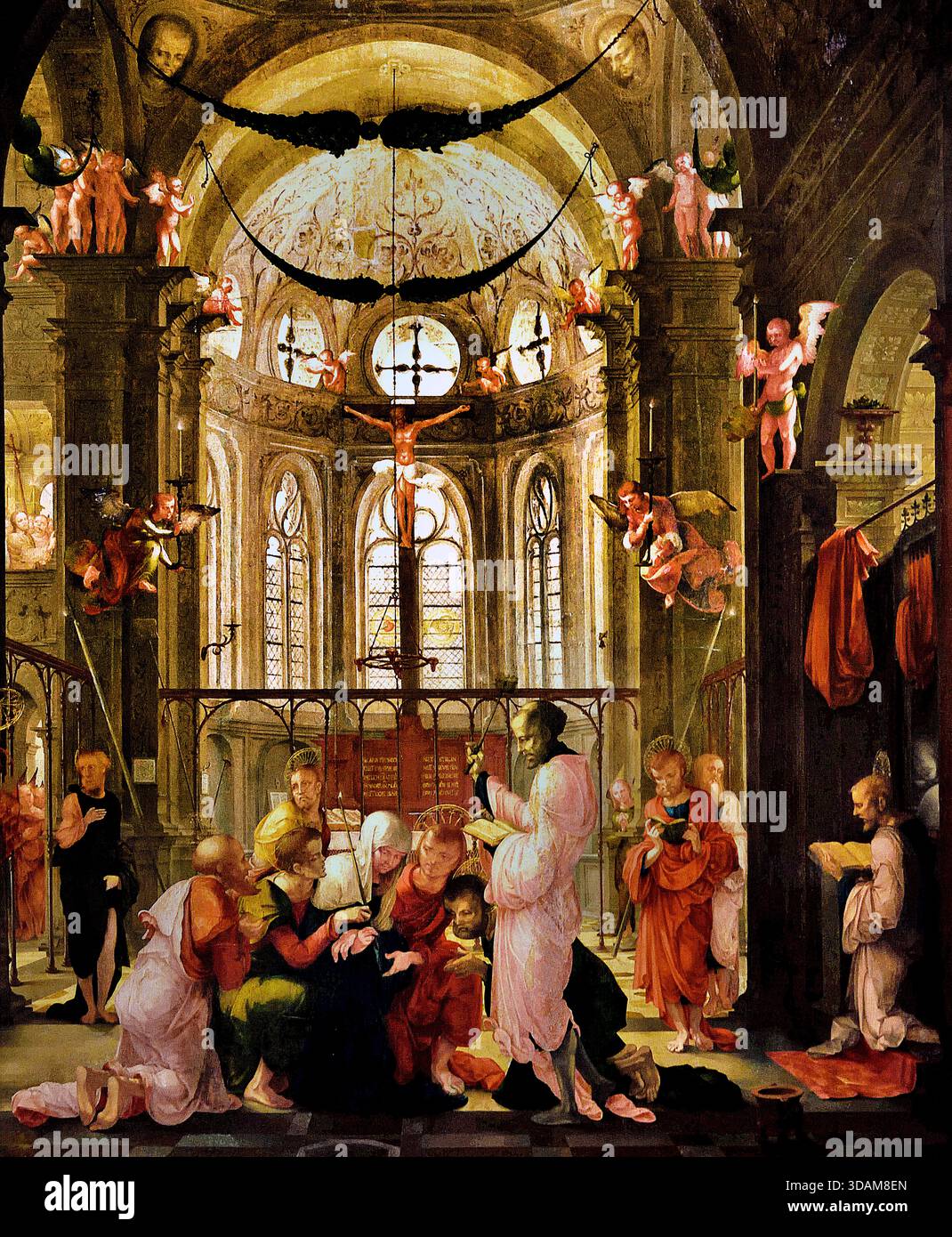 Tod der Heiligen Maria 16. Jahrhundert Niederrheinischer Schüler - Niederrheinischer Schüler Wolf Huber Deutschland ( Maria starb tatsächlich, obwohl sie nicht dem Tod ausgesetzt war. Der Tod ist die Strafe für die Sünde, und aus diesem Grund könnte er keine Strafe für Marias reinste und heiligste Seele sein. ) Stockfoto