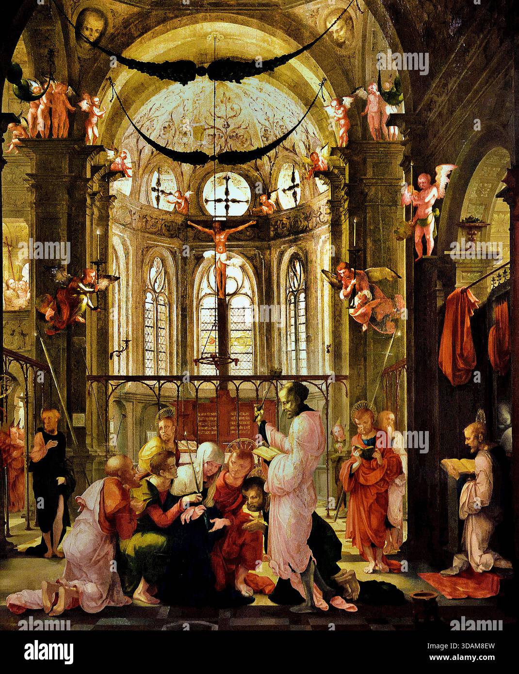 Tod der Heiligen Maria 16. Jahrhundert Niederrheinischer Schüler - Niederrheinischer Schüler Wolf Huber Deutschland ( Maria starb tatsächlich, obwohl sie nicht dem Tod ausgesetzt war. Der Tod ist die Strafe für die Sünde, und aus diesem Grund könnte er keine Strafe für Marias reinste und heiligste Seele sein. ) Stockfoto