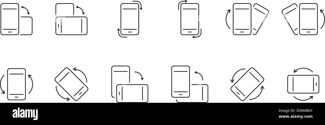 Symbolsatz Für Bildschirmdrehung Des Smartphones. Änderung der Ausrichtung des Mobiltelefons mit Pfeilen und Bewegungsanzeige, Modellsammlung. Bearbeitbare Kontur Stock Vektor
