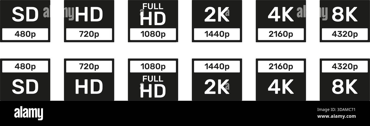 Bildschirmauflösung. Satz Von Symbolen Für Die Videoqualität. HD, FULL HD, UHD, 4K, 8K, SD. HD Quality Set Kollektion. Abbildung Des Isolierten Vektors Stock Vektor