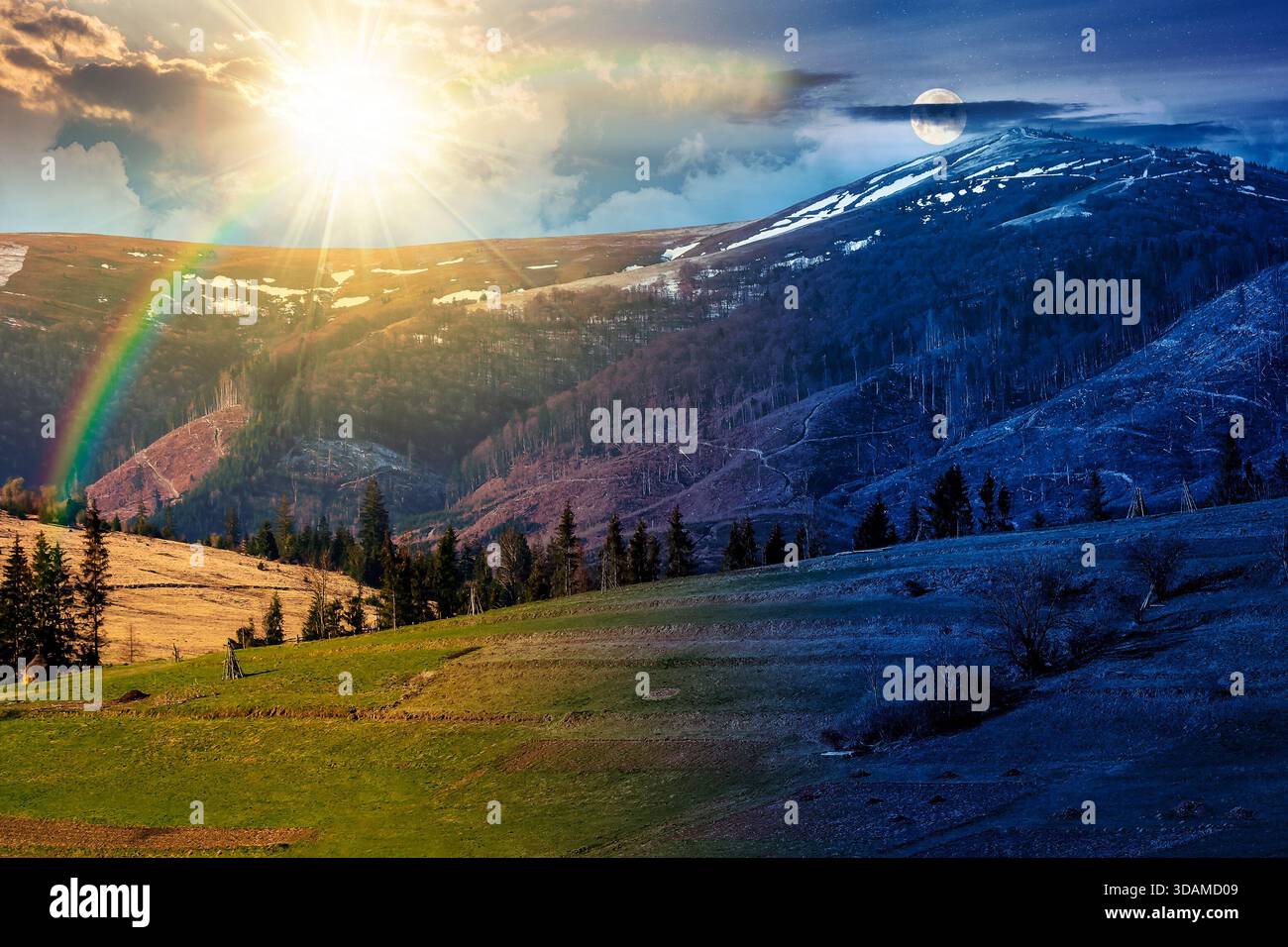 Ländliche Felder auf dem Hügel am Frühlingsquinox. Tag- und Nachtzeitwechsel. Schneebedeckter Berg in der Ferne mit Sonne und Mond. Wunderschöne Landschaften Stockfoto