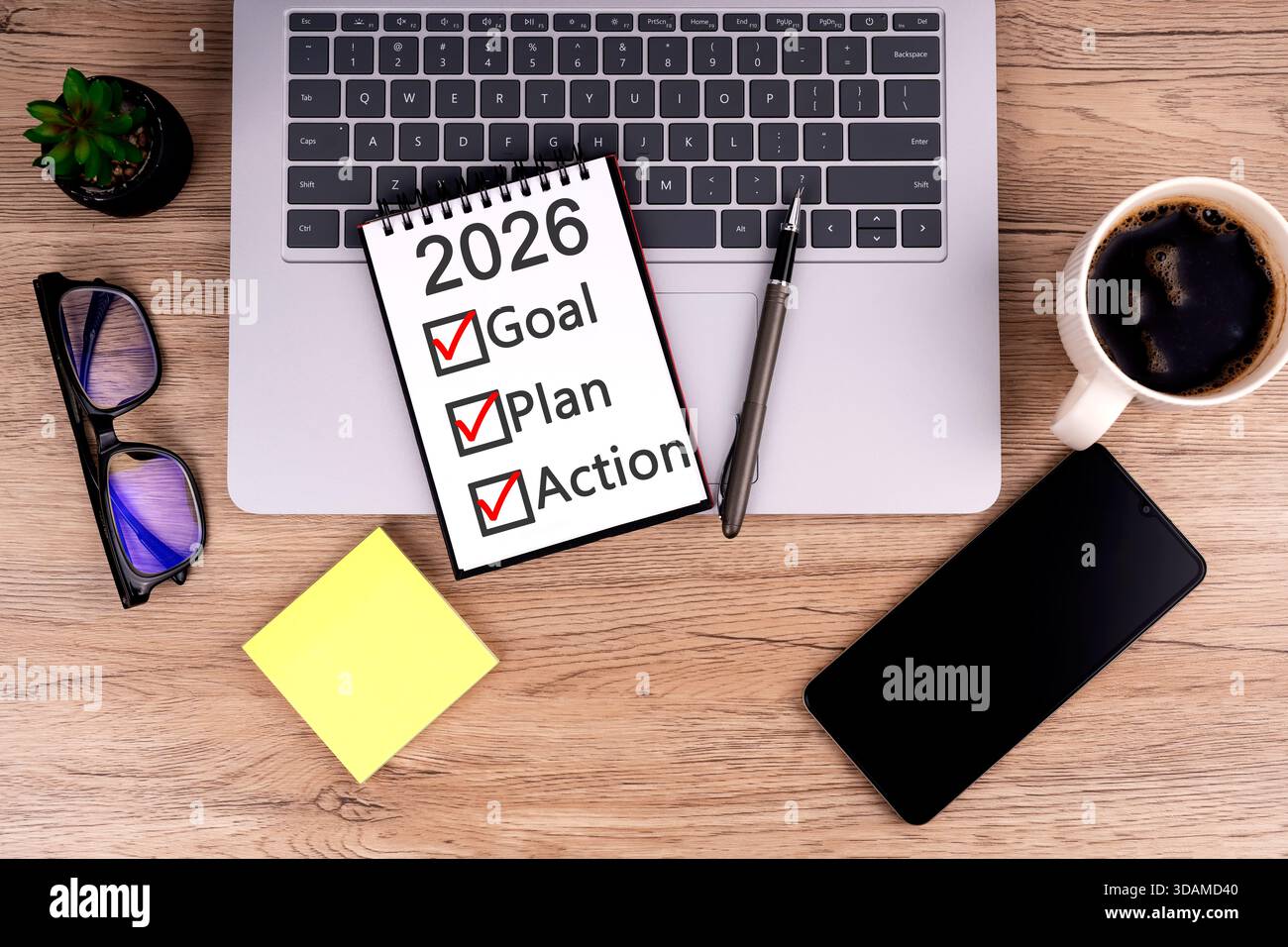 Ziel, Plan und Aktion 2026 Neujahrskonzept Stockfoto