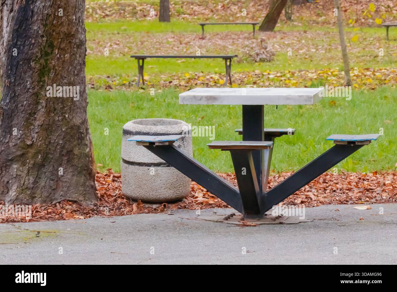 Ein Picknicktisch aus Metall und Stein steht in einem ruhigen Stadtpark, umgeben von grünem Gras und herbstlichen Blättern. Die ruhige Umgebung im Freien fängt an Stockfoto
