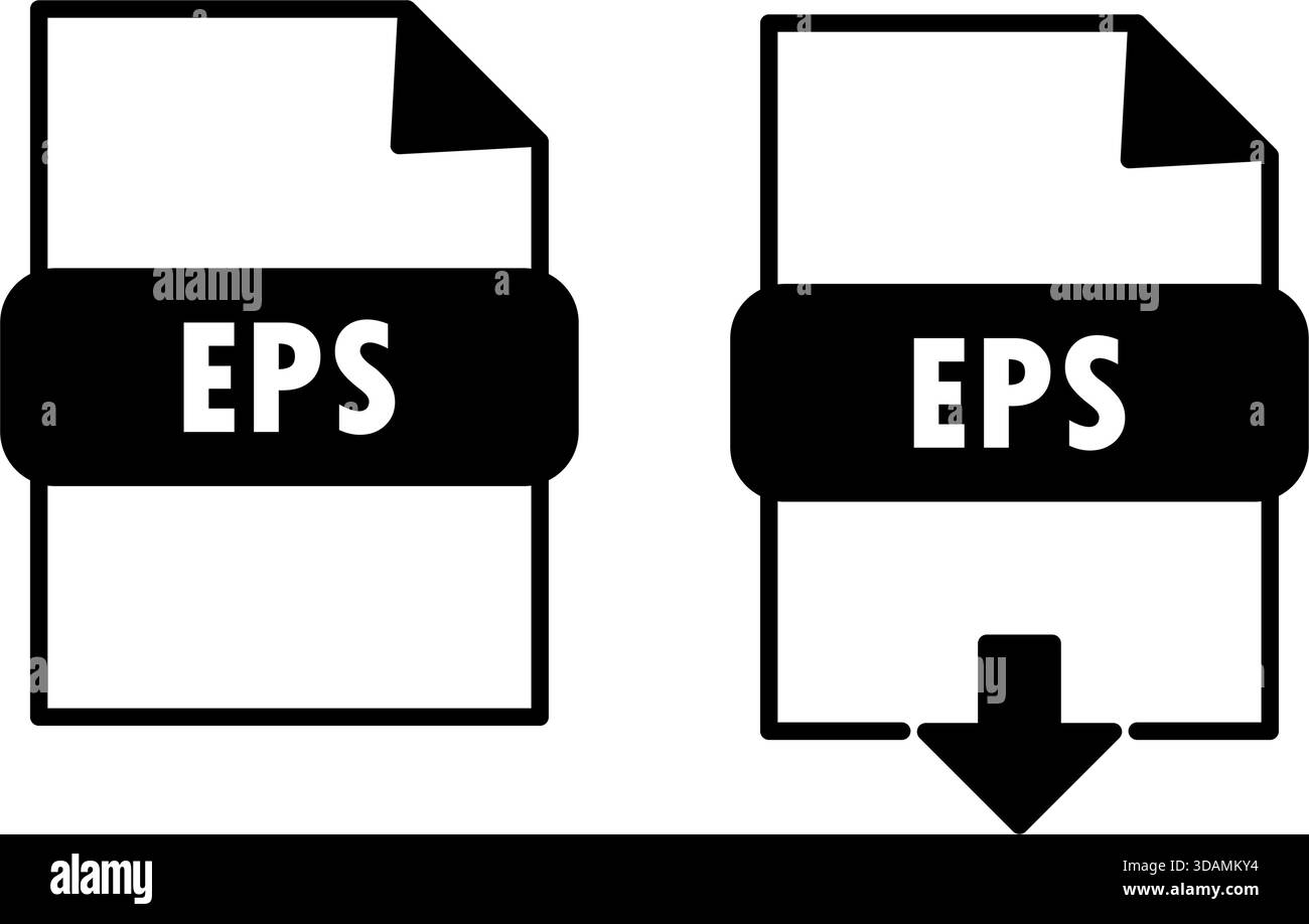 Schwarz-weiße EPS-Dateisymbole mit gefalteter Ecke und Downloadpfeil, die die Funktionalität des Vektorformats und des Dateityps für Grafikdesign darstellen Stock Vektor