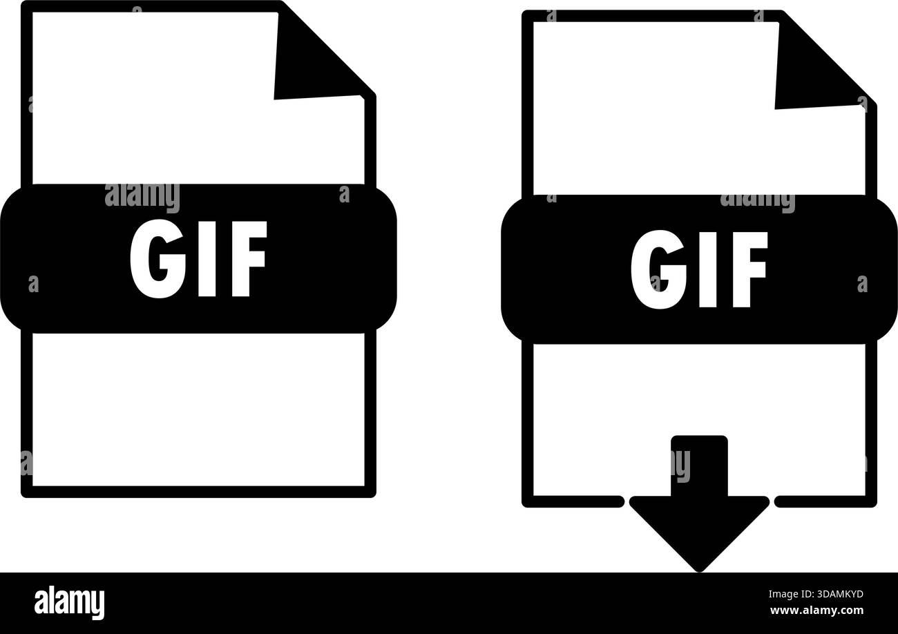 Schwarz-weiße GIF-Dateisymbole mit gefalteter Ecke und Downloadpfeil, die das Bildformat und die Downloadfunktion für digitale Assets darstellen Stock Vektor