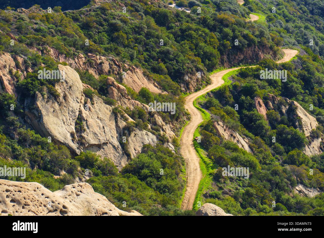 Malerische Feldwege schlängeln sich durch grüne Hügel und markante Sandsteinformationen unter hellem Sonnenlicht in der zerklüfteten Landschaft von Calabasas. Stockfoto