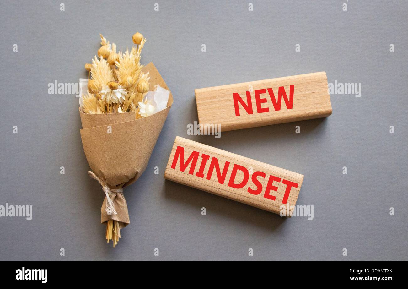 Mindset-Symbol. Holzblöcke mit den Worten New Mindset. Schöner grauer Hintergrund. Business and New Mindset Concept. Kopierbereich. Stockfoto