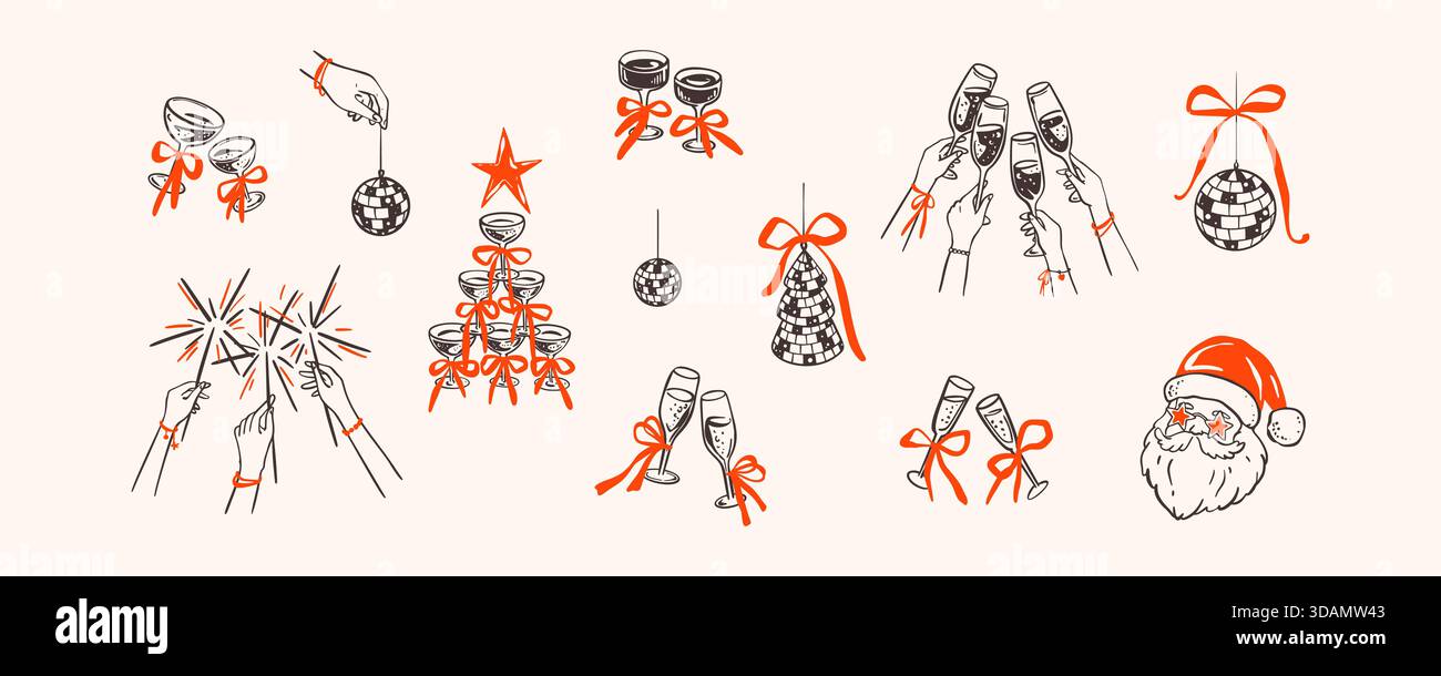 Wunderbares Weihnachtskritzelset mit Discokugel, Sektturm und festlichen Elementen. Handgezeichnete Illustration im Coquette-Stil perfekt für die Feiertagsparty Stock Vektor