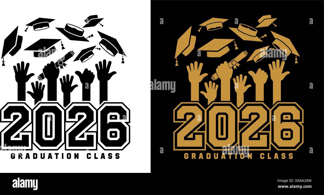 Poster der Abschlussklasse von 2026 für Gruß, Einladungskarte, Abschlussdesign, T-Shirt, Party High School oder College-Absolvent. Absolventinnen und Absolventen durch die Hände Stock Vektor