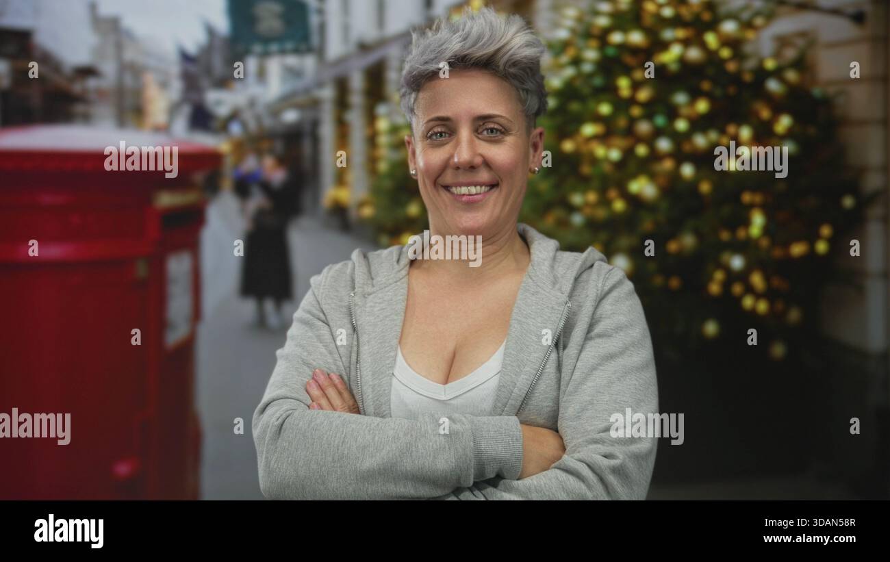 Frau in einem grauen Hoodie mit kurzen Haaren steht mit überkreuzten Armen neben einem roten Briefkasten auf einer geschäftigen Stadtstraße; Selbstvertrauen. Stockfoto