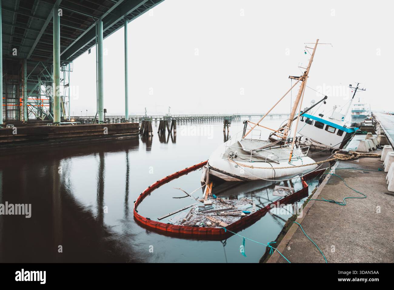 Ein Schiff liegt teilweise unter einer Brücke in Göteborg. Wasser umgibt das Schiff und es gibt Stützstrukturen in der Nähe. Die Szene wird angezeigt Stockfoto