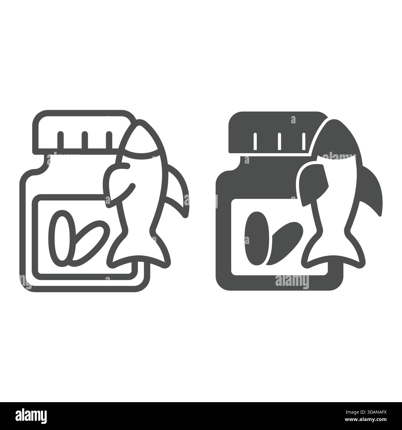 Omega Kapselbecher und Fischschnur und Solid Icon, Fettsäurekonzept. Vektorgrafiken. Medizinschild auf weißem Hintergrund, Symbol für Mobil Stock Vektor