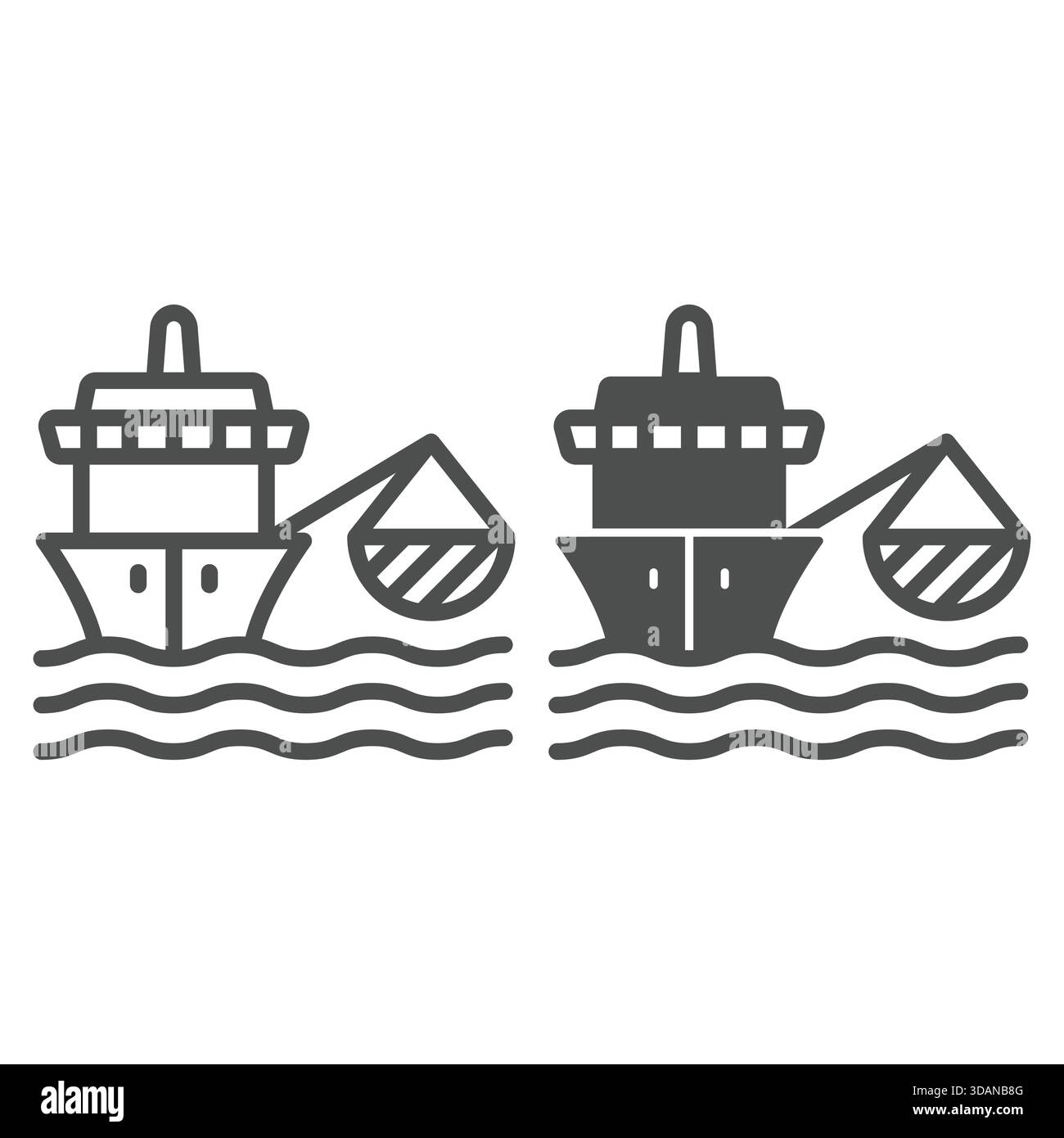 Schiff mit Netzlinie und ausgefülltem Symbol, Angelkonzept. Vektorgrafiken. Fischermann Boot at Sea Schild auf weißem Hintergrund, Umrissstilikon für Mobilgeräte oder Stock Vektor