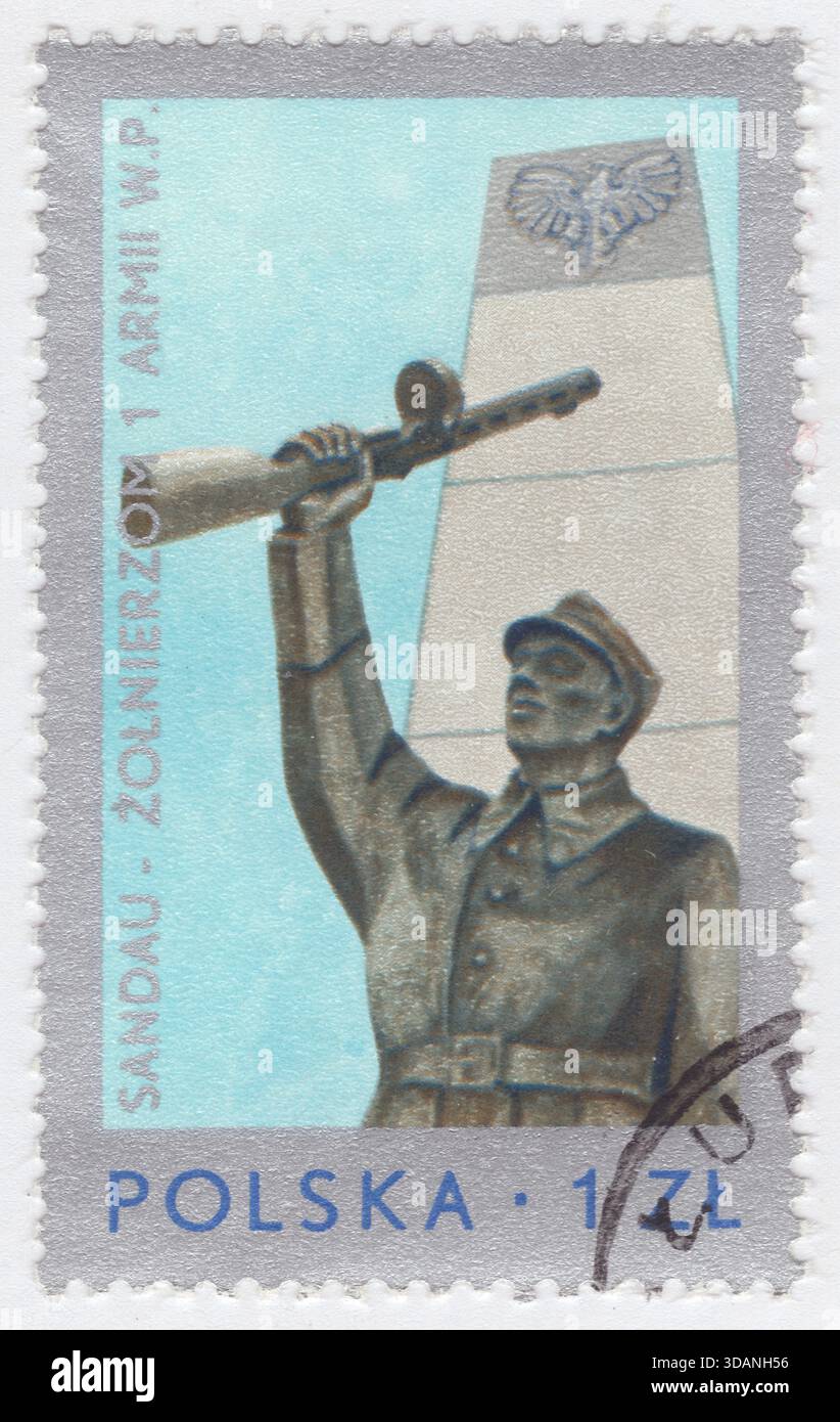 POLEN — 8. Mai 1976: 1 Zloty silberne und mehrfarbige Briefmarke, die das erste polnische Armeekmal darstellt, von Bronislaw Koniuszy, Warschau. Gedenkfeier zum 30. Jahrestag des Sieges im Zweiten Weltkrieg. Die polnische erste Armee (Polnisch: Pierwsza Armia Wojska Polskiego, kurz 1 AWP, auch bekannt als Berling's Army) war eine Einheit der polnischen Streitkräfte im Osten. Sie wurde 1944 in der Sowjetunion aus dem zuvor existierenden Polnischen I-Korps in der Sowjetunion als Teil der Volksarmee Polens (LWP) gebildet. Stockfoto