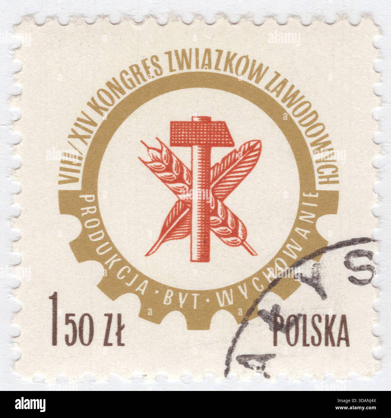 POLEN — 29. Dezember 1976: 1,50 Zloty mehrfarbige Briefmarke mit polnischem Gewerkschaftslogo, 8. Polnischer Gewerkschaftskongress. Zahnrad, Hammer, Maisohr und Pinsel sind Symbole der Arbeiterklasse, der Bauernschaft und der kreativen Intelligenz Stockfoto