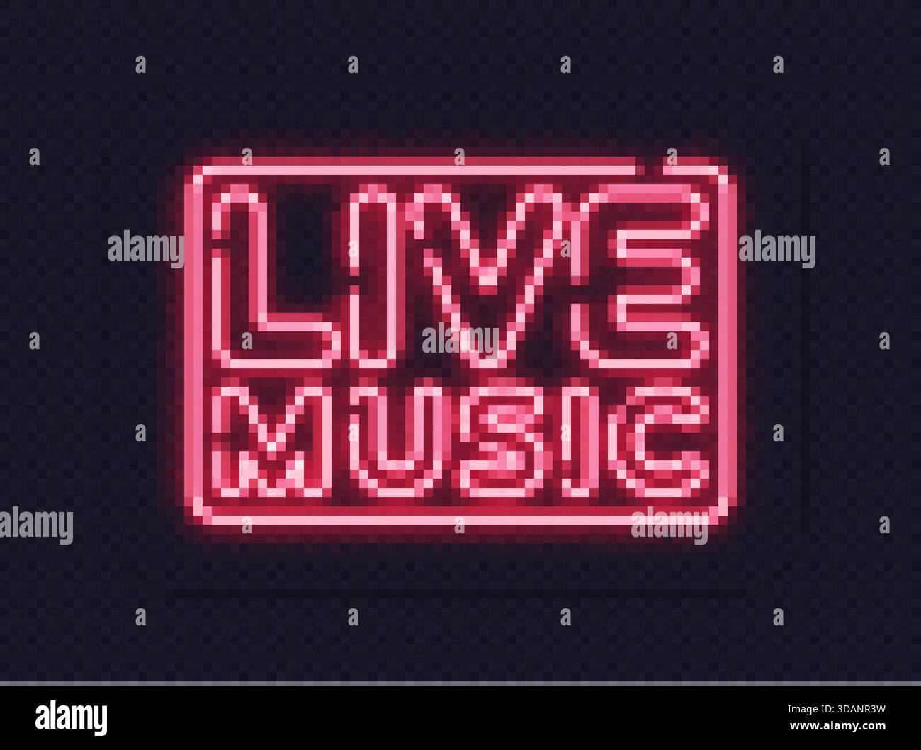 Leuchtendes Neonbanner mit Wörtern Live-Musik auf dunklem, transparentem Hintergrund. Helles Schild für Nachtleben, Konzerte oder Kneipenveranstaltungen. Stock Vektor
