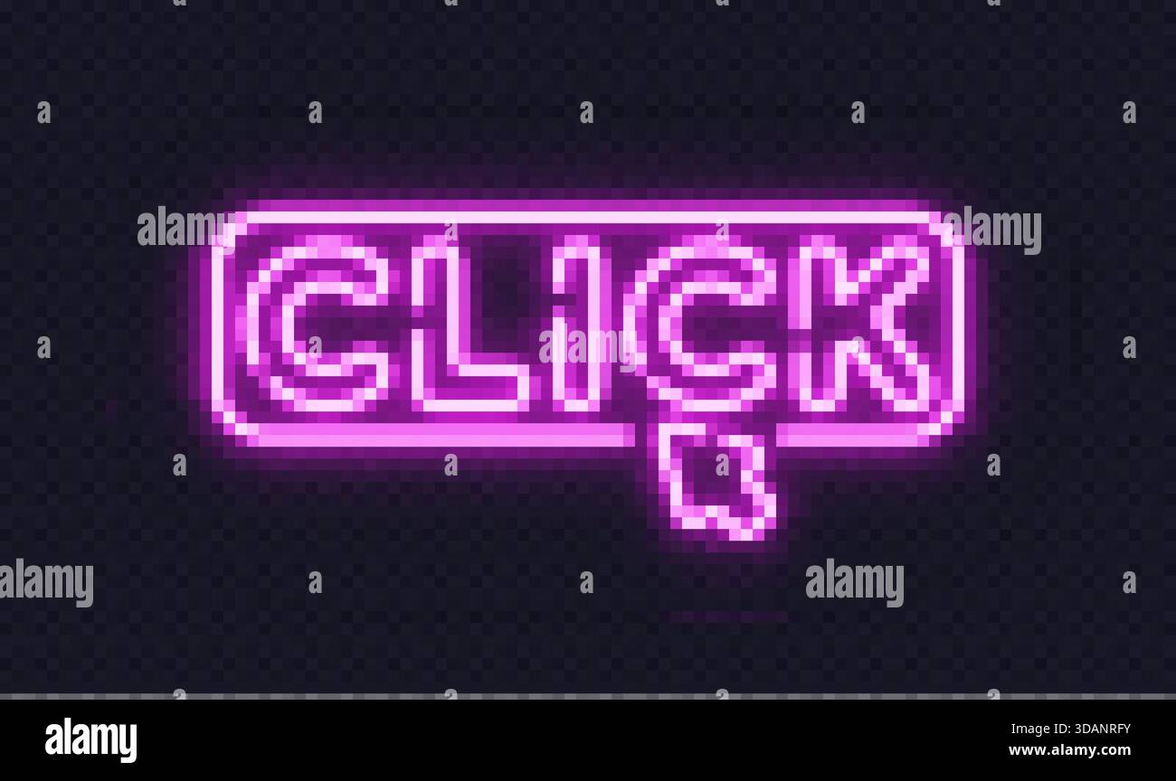 Neonzeichen mit KLICKTEXT und einem leuchtenden Cursorsymbol, ideal für Schaltflächen, Links oder Web-Schnittstellen. Stock Vektor