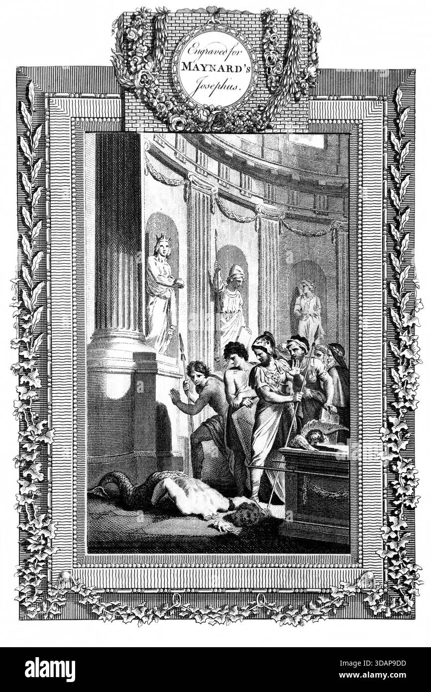 Illustration von Dagon, dem Idol der Philister, der vor der Arche Gottes im Tempel der Stadt Aschdod fällt, aus dem antiken 18. Jahrhundert der Genu Stockfoto