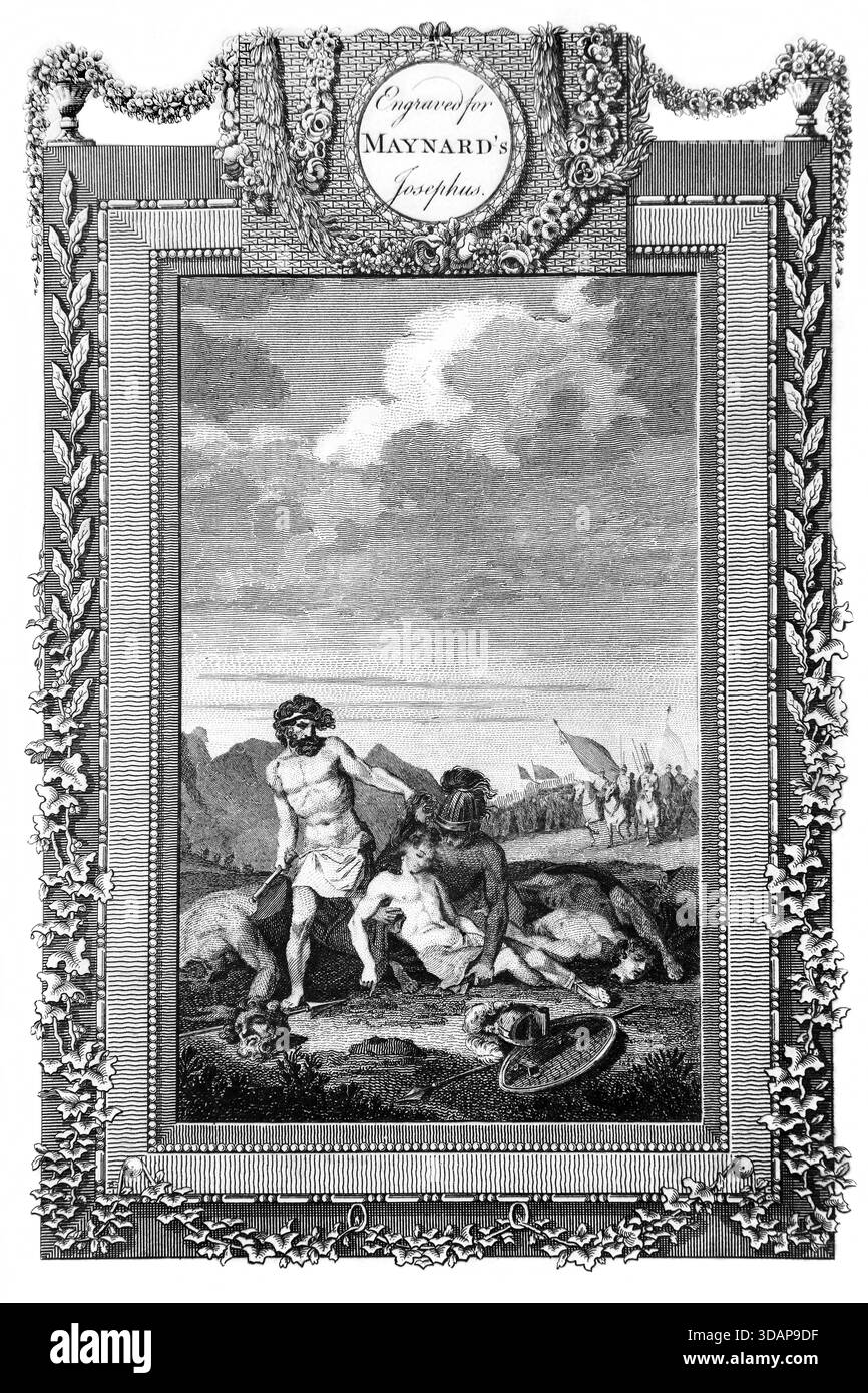 Illustration der Philister, die die Häupter von Saul und seinen Söhnen zerschnitten, nachdem sie ihre Armee in der Nähe des Mount Gilboa (Samuel) aus der Antike 18t besiegt hatten Stockfoto