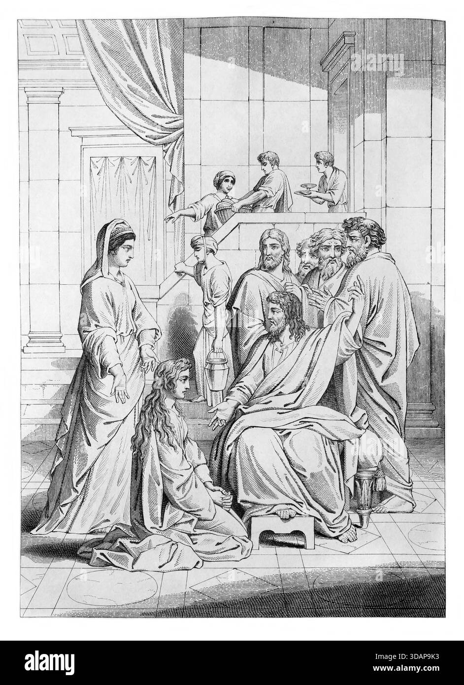 Illustration von Martha und Maria vor Christus (Lukas) aus der Ausgabe 1818 der Heiligen Bibel nach der autorisierten Version; mit Notizen und Expla Stockfoto