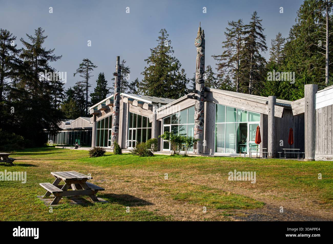 Das Haida Heritage Centre in Kay Llnagaay in Skidegate bietet Totempfähle und moderne Holzarchitektur mit Picknicktischen und immergrünem Wald. Stockfoto