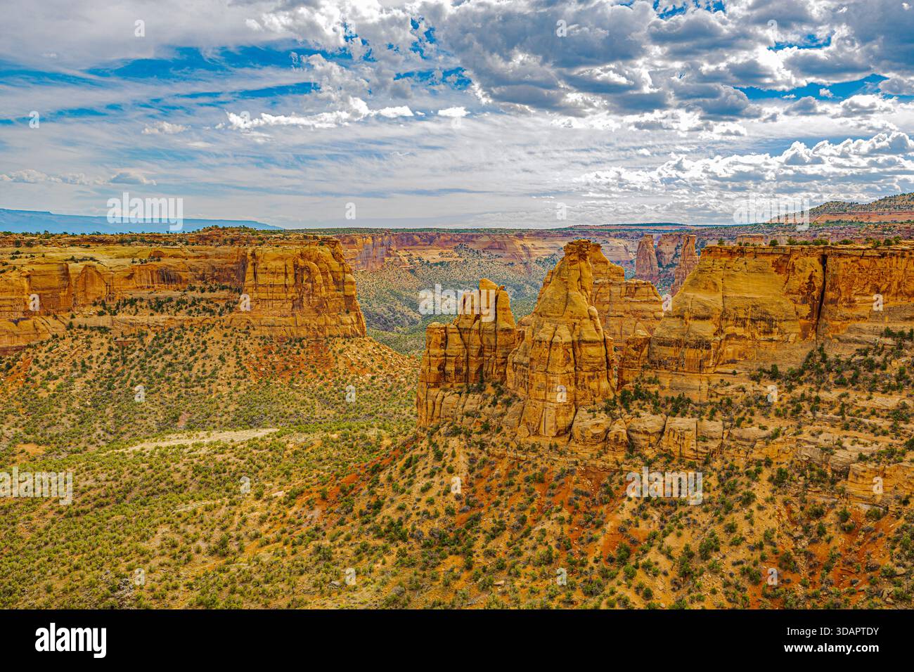 Panoramablick auf die Landschaft des Canyons mit weitläufigen Sandsteinklippen und Wüstenboden im Colorado National Monument. Stockfoto