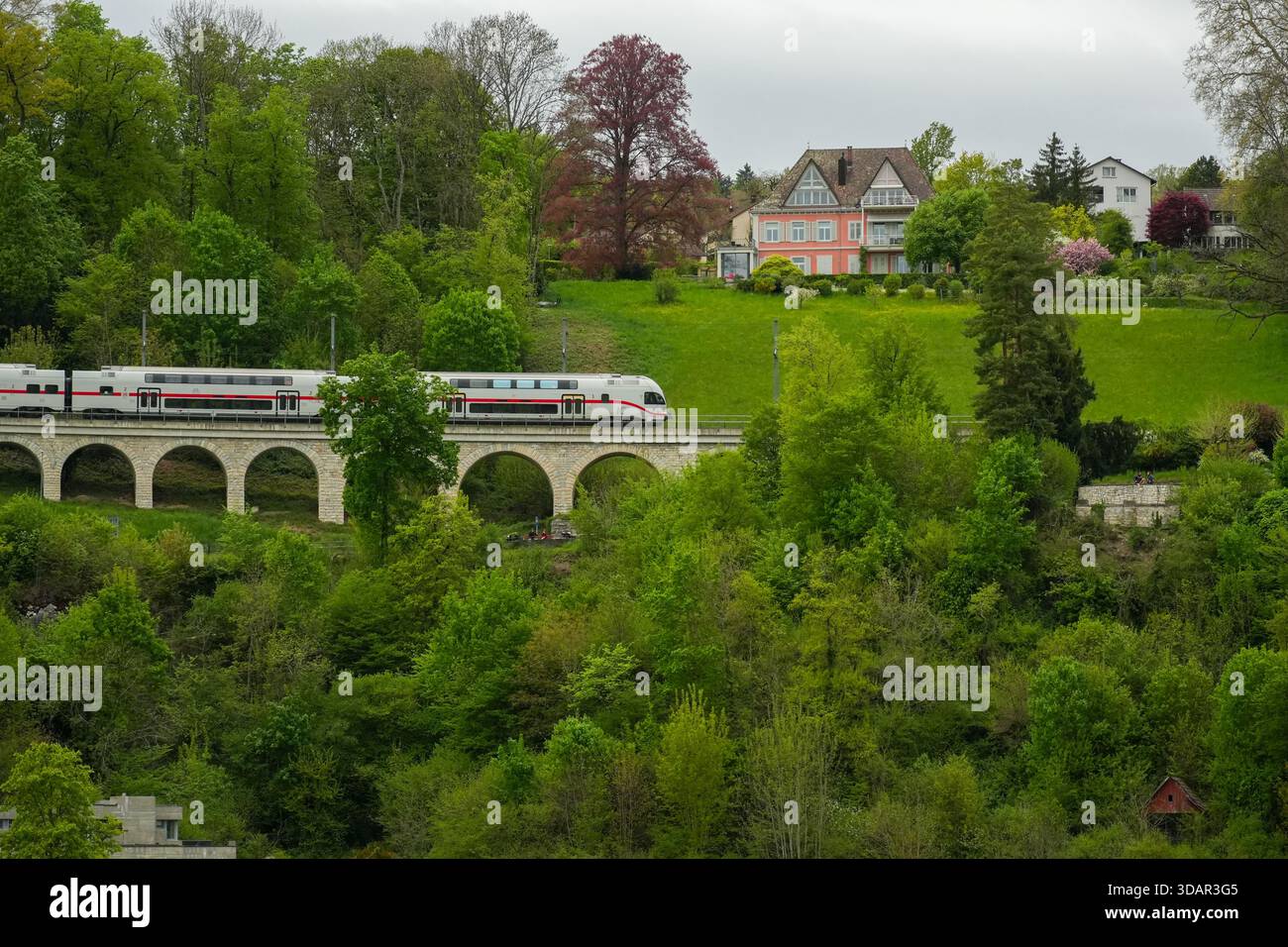 Doppelstockbahn Intercity überquert das historische Steinviadukt über den üppigen Ufern nahe dem Rheinfall in der Schweiz. Stockfoto