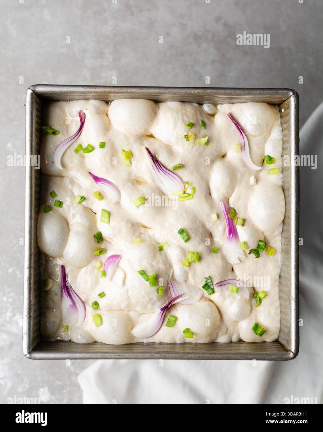 Draufsicht von Zwiebeln- und Schalottenfokaccia-Teigscheiben in einer quadratischen Backform, Draufsicht von luftiger, sprudelnder Zwiebelfokaccia-Teigprobung Stockfoto