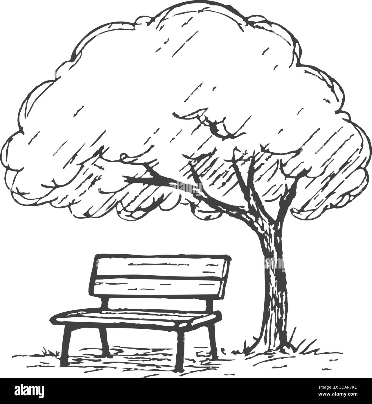 Schattige Parkszene mit einem Laubbaum und einer Holzbank, die zur Ruhe einlädt. Stock Vektor