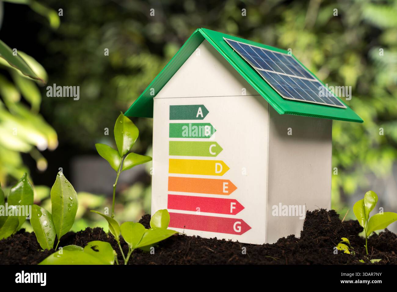 Ein Modell-Öko-Haus mit einem Solarpanel-Dach und einer Energieeffizienzklasse, umgeben von grünen Pflanzen, repräsentiert erneuerbare Energie, nachhaltiges Wohnen, Stockfoto