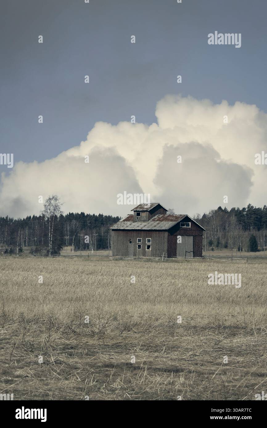 Alte, isolierte Scheune auf dem Feld, blauer Himmel mit Cumulus-Wolke, in Retro-Farben. Atmosphärische Hitze auf dem Foto. Stockfoto