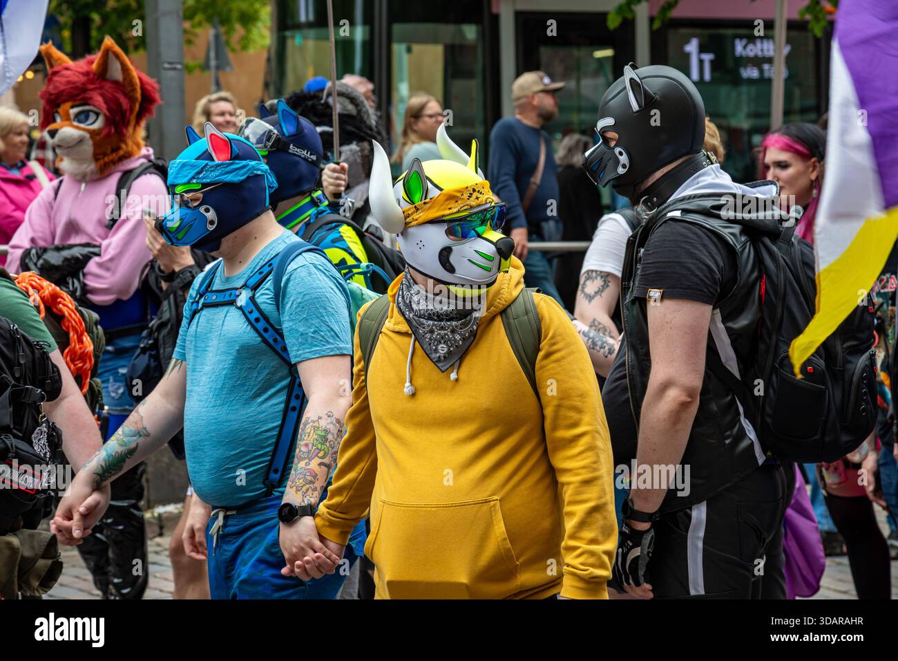 Hündchen spielen Masken bei der Helsinki Pride 2025 Parade auf der Mannerheimintie in Helsinki, Finnland Stockfoto