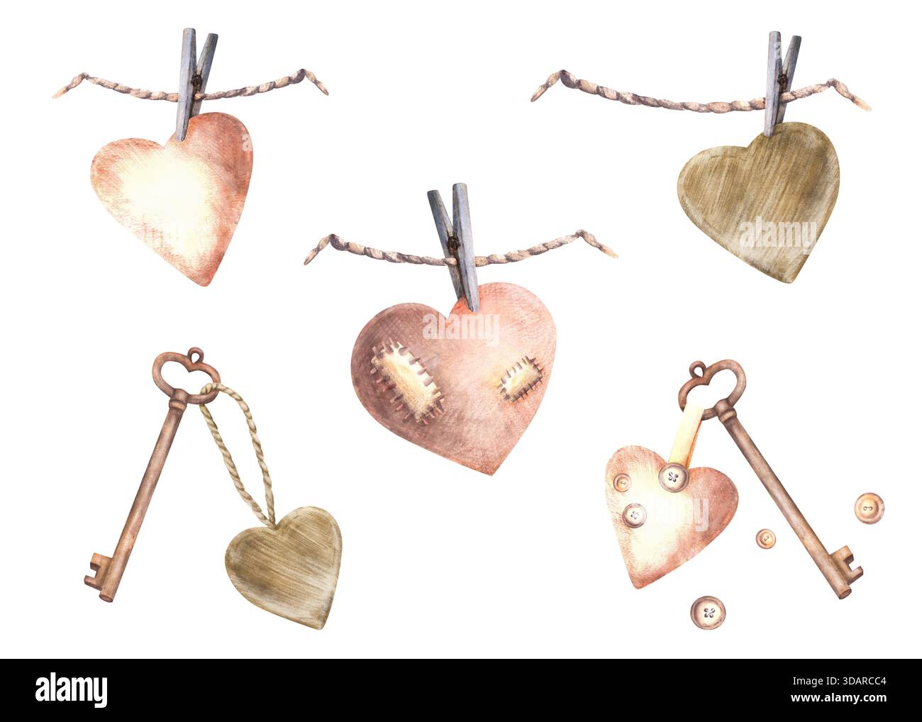 Vintage-Herz und Schlüssel auf einem Kleiderschrank, der an einer Schnur hängt, Seil-Set. Liebeserklärung. Beige, lilafarbene Geburtstagsgeschenke, Valentinstag Stockfoto