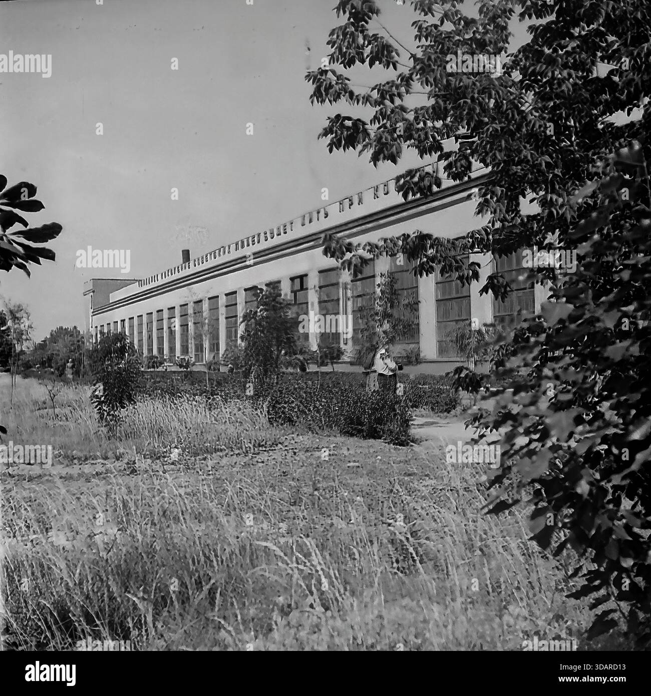 Slawjansk, Ukrainische SSR, 1970er Jahre Archivansicht eines langen Industriegebäudes im Armature-Isolator Plant (AIZ). Die Fassade verfügt über weitläufige Glasfenster, die das Tageslicht maximieren. Ein berühmter sowjetischer Propaganda-Slogan läuft entlang der Dachlinie und erklärt, dass "die gegenwärtige Generation der sowjetischen Menschen unter dem Kommunismus leben wird". Bäume und hohes Gras säumen den Vordergrund und spiegeln den ideologischen Optimismus und die moderne Architektur der friedlichen Donbass-Region vor dem Krieg wider. Stockfoto