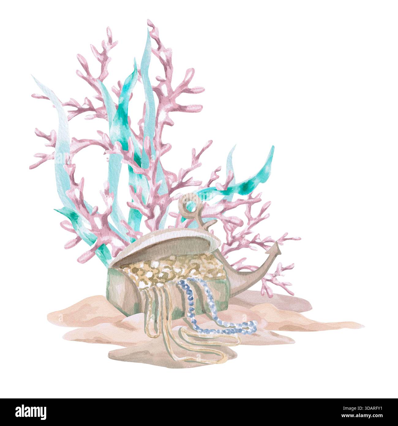 Eine Piratenschatztruhe vor der Kulisse von Meereskorallen und einem Anker. Isolierte Aquarellillustration im Märchenstil für die Inneneinrichtung von Kindern Stockfoto