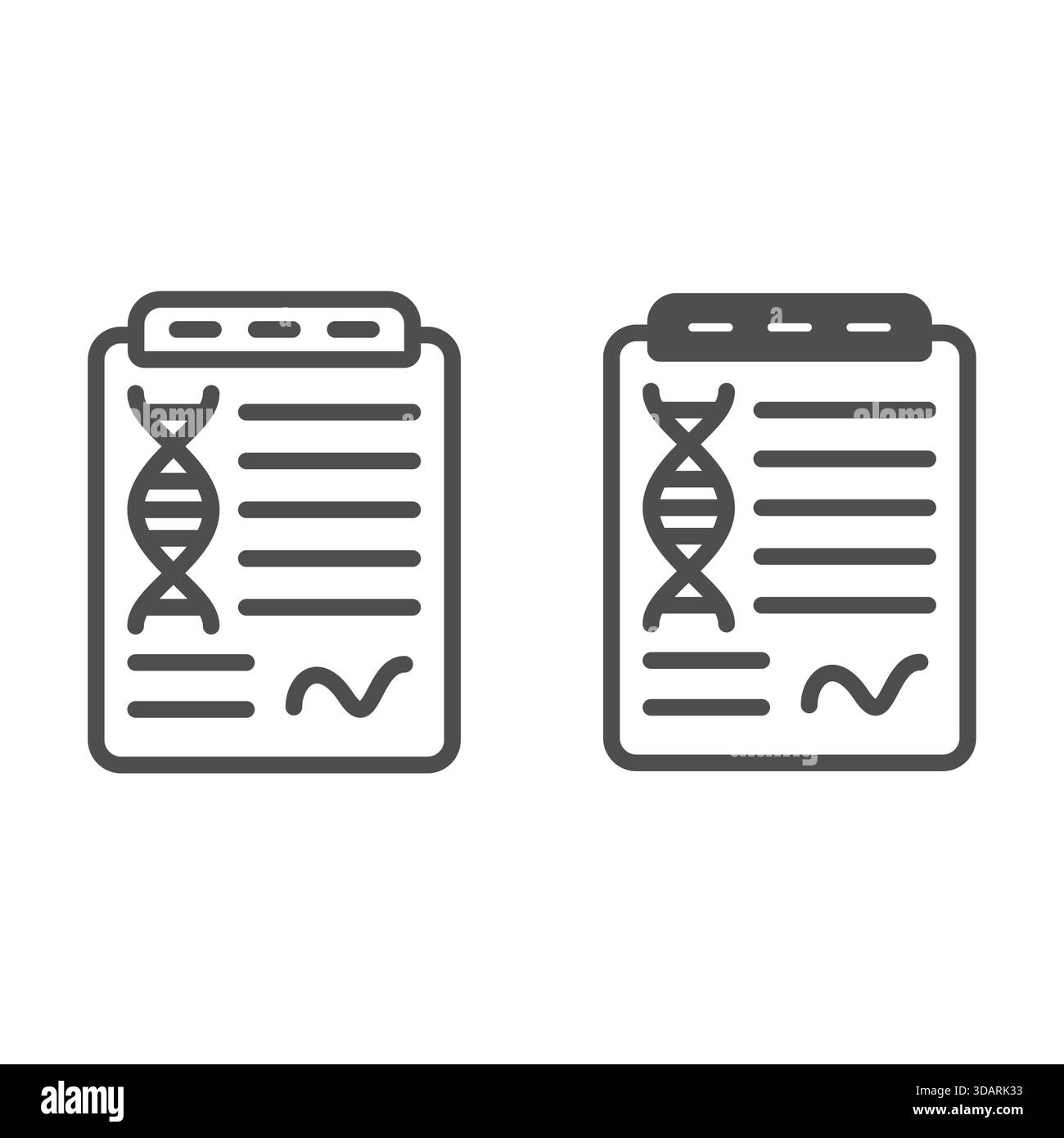 DNA-Testdokumentlinie und festes Symbol, genetisches Forschungskonzept. Vektorgrafiken. Laborpapier mit DNA-Kettenzeichen auf weißem Hintergrund, Umriss St Stock Vektor