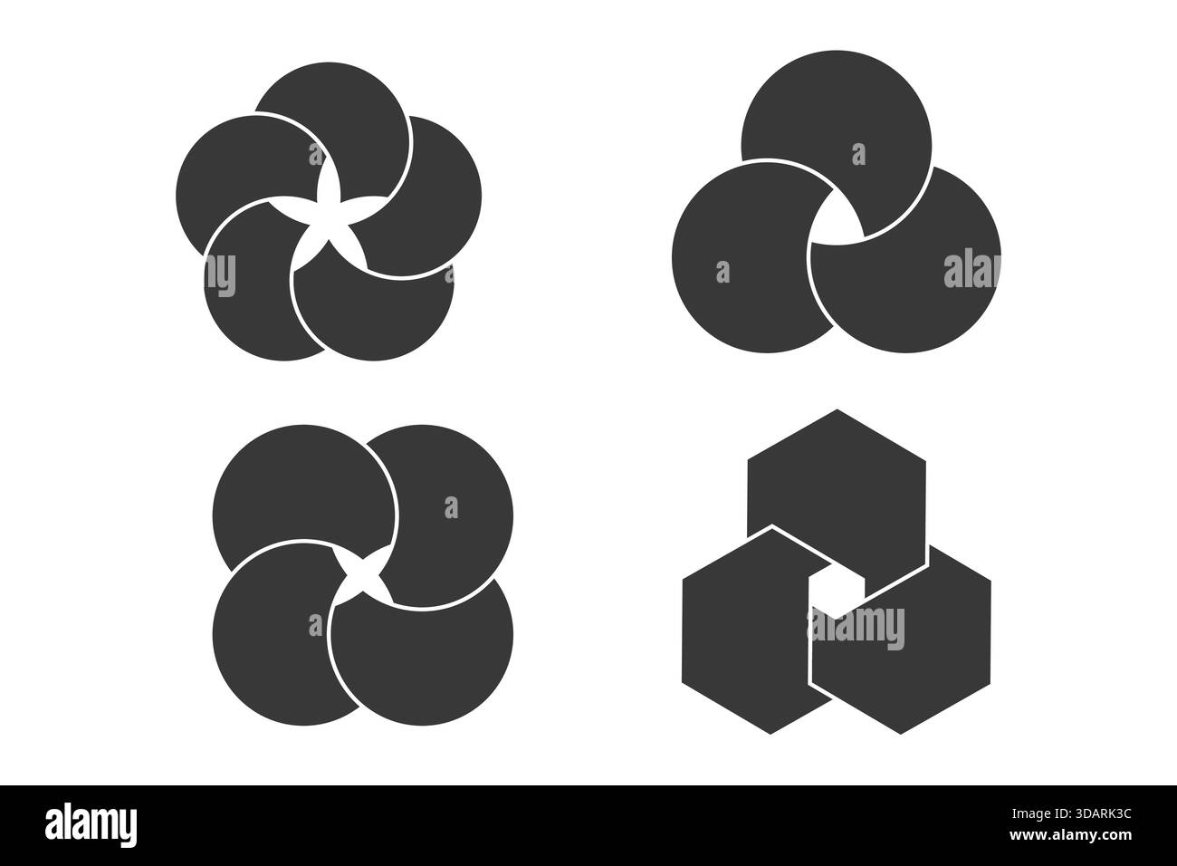 Grafisches Venn-Diagramm Infografik-Abschnitte Silhouette. Überlappende Kreisformen Kreise Diagrammlinien Set. Venn-Diagramme mit überlappenden Kreisen, die einen gemeinsamen Bereich zeigen, zur Infografik. Vektorabbildung Stock Vektor