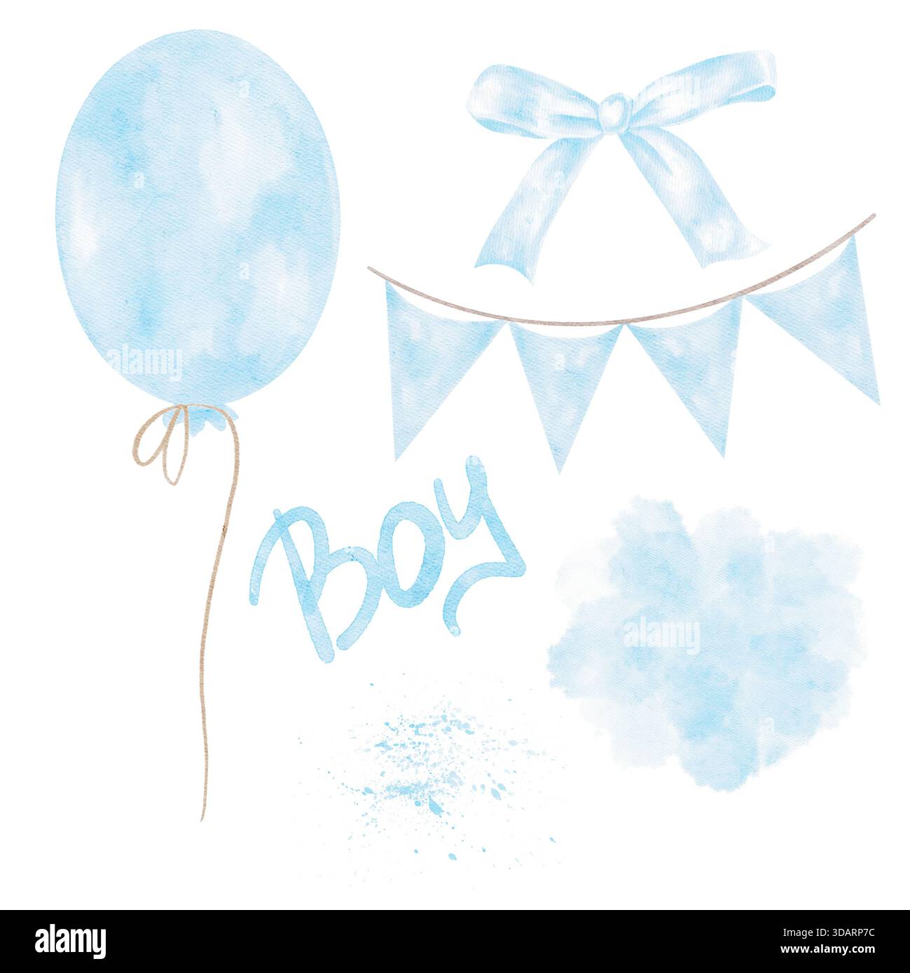 Blauer Ballon, Banner, Schleife und strukturierte Akzente in Aquarellfarben schaffen ein koordiniertes Clipart-Set. Dieses handgezeichnete Paket eignet sich für Gender Reveal Einladungen, Partys und Babyduschen Stockfoto