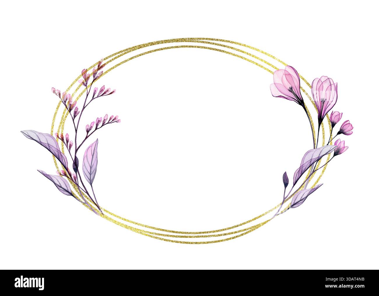Aquarelldurchsichtige Blumen mit goldenem Glitzerrahmen. Elegante horizontale Kartenschablone mit violetten Blüten und ovaler Folie. Platz für Text Stockfoto