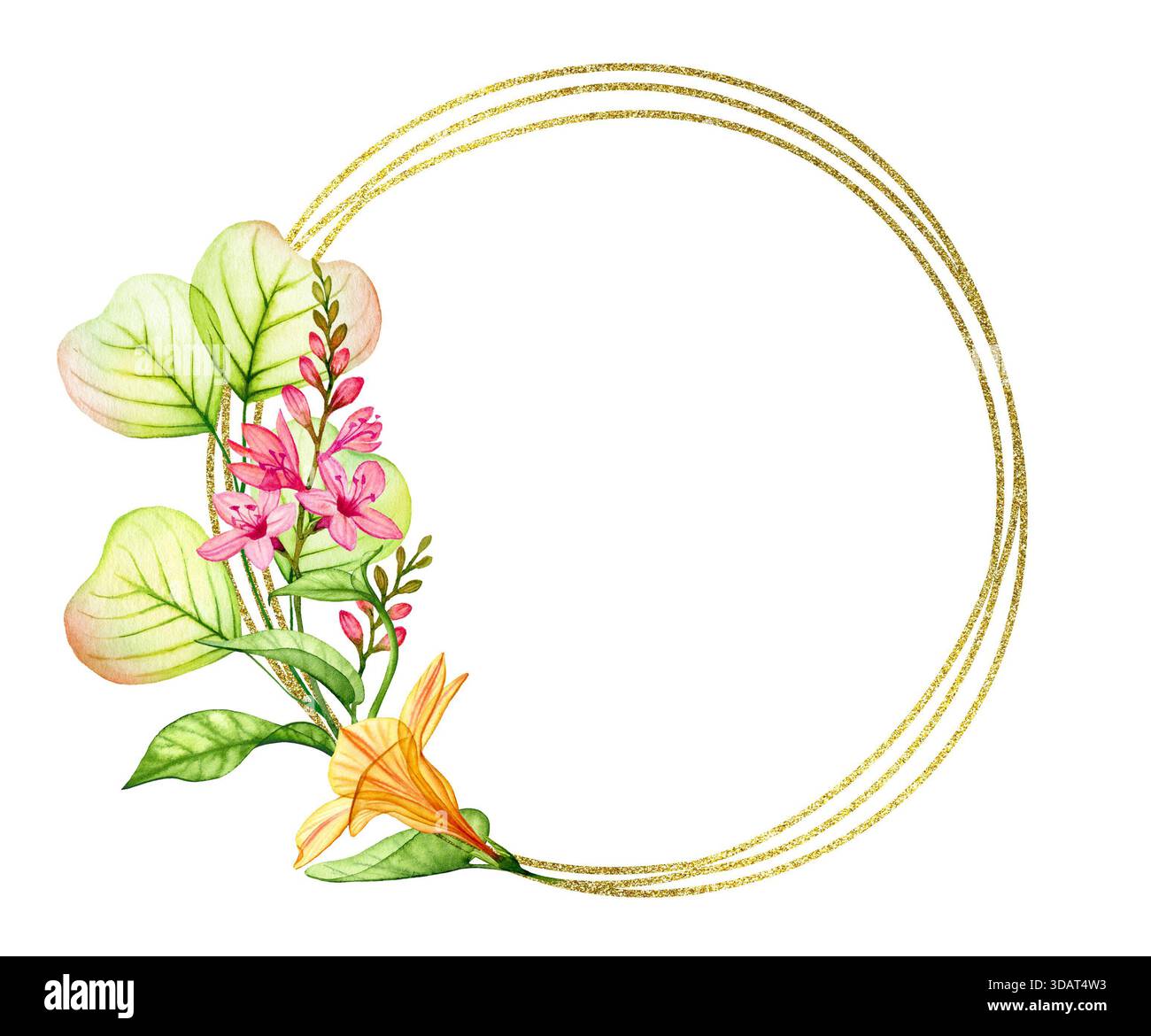 Goldener Rahmen mit transparenten tropischen Blumen. Runder Kranz aus Blumen und Blättern. Realistisches goldenes Glitzerdesign. Handbemalt mit Blumenmuster Stockfoto